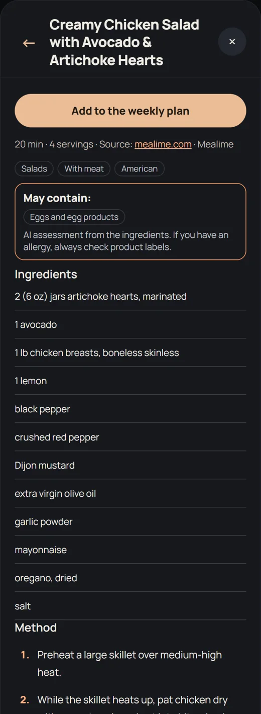 An imported Mealime recipe in Misa: all 12 ingredients, the steps, 20 minutes, 4 servings and a link to the source