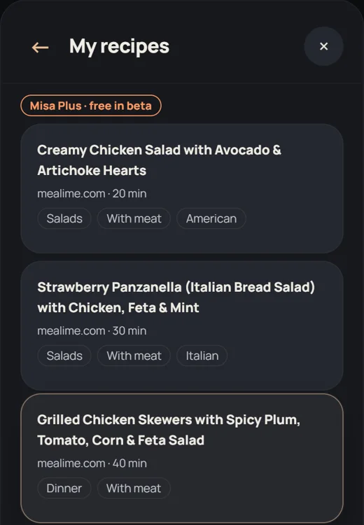 My recipes in Misa listing three imported recipes with source mealime.com and cooking time