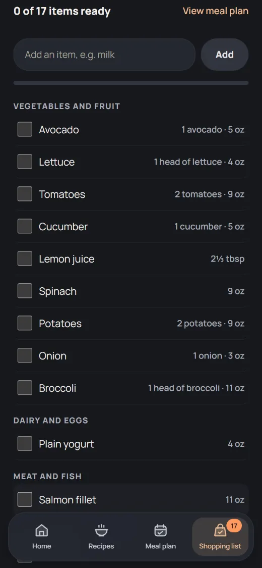 The Misa shopping list grouped by aisle: vegetables and fruit, dairy and eggs, meat and fish, with amounts in US units