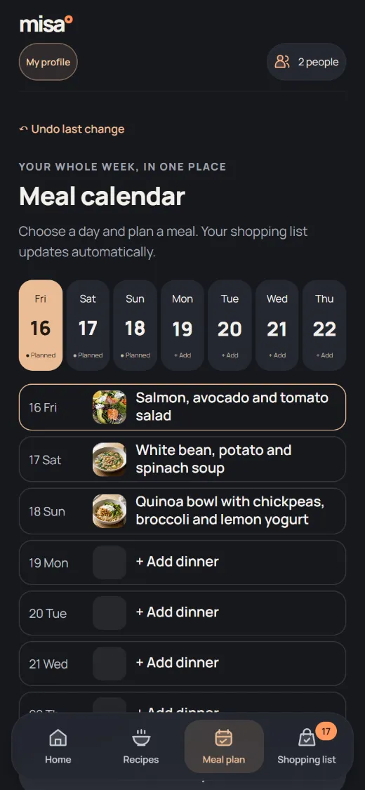 The Misa meal calendar: three dinners planned this week, today’s dinner with its photo, and the number of items waiting on the shopping list